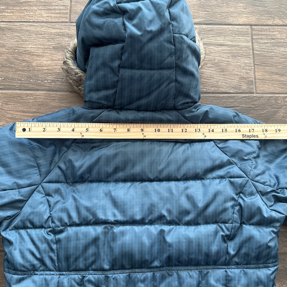 Columbia Down Puffer Jacket Women Medium Omni Shield Blue Hooded Faux Fur Trim - Picture 9 of 15